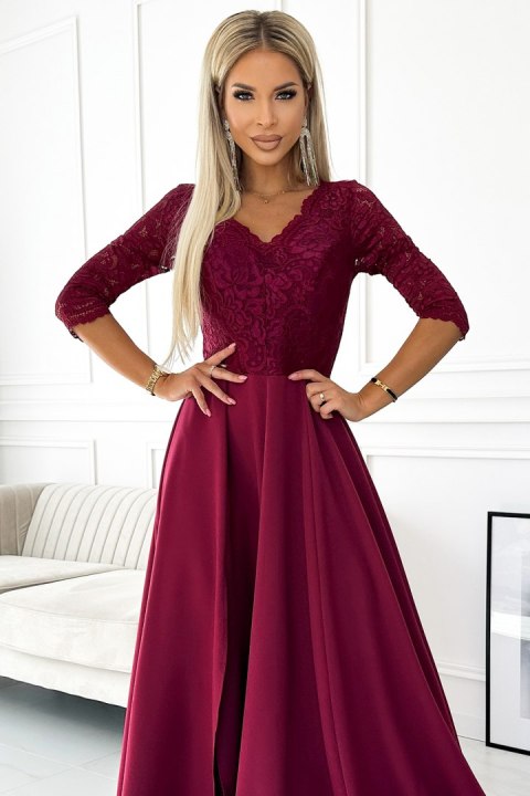 309-9 AMBER elegancka długa suknia maxi z koronkowym dekoltem - BORDOWA 309-9 AMBER elegancka długa suknia maxi z koronkowym dekoltem - BORDOWA