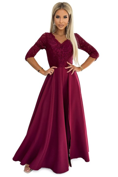 309-9 AMBER elegancka długa suknia maxi z koronkowym dekoltem - BORDOWA 309-9 AMBER elegancka długa suknia maxi z koronkowym dekoltem - BORDOWA