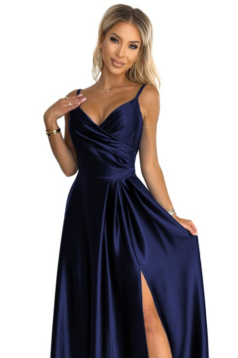 299-12 CHIARA elegancka maxi długa satynowa suknia na ramiączkach - GRANATOWA 299-12 CHIARA elegancka maxi długa satynowa suknia na ramiączkach - GRANATOWA