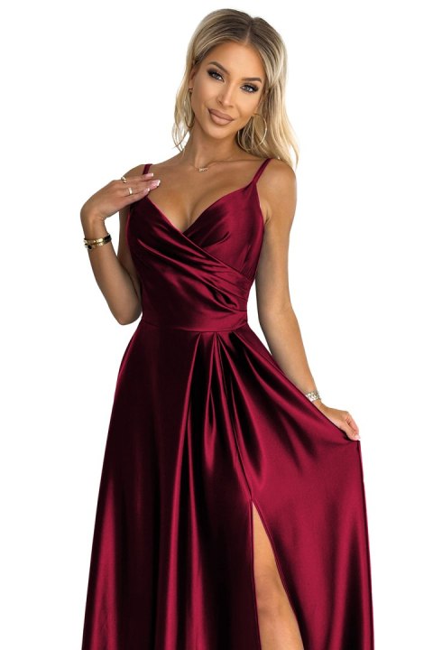 299-13 CHIARA elegancka maxi długa satynowa suknia na ramiączkach - BORDOWA 299-13 CHIARA elegancka maxi długa satynowa suknia na ramiączkach - BORDOWA